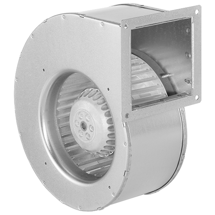Serie GE - Enkeltsugende centrifugalventilator med hus af galvaniseret stål. Forudkrummet ventilatorhjul af galvaniseret stål.