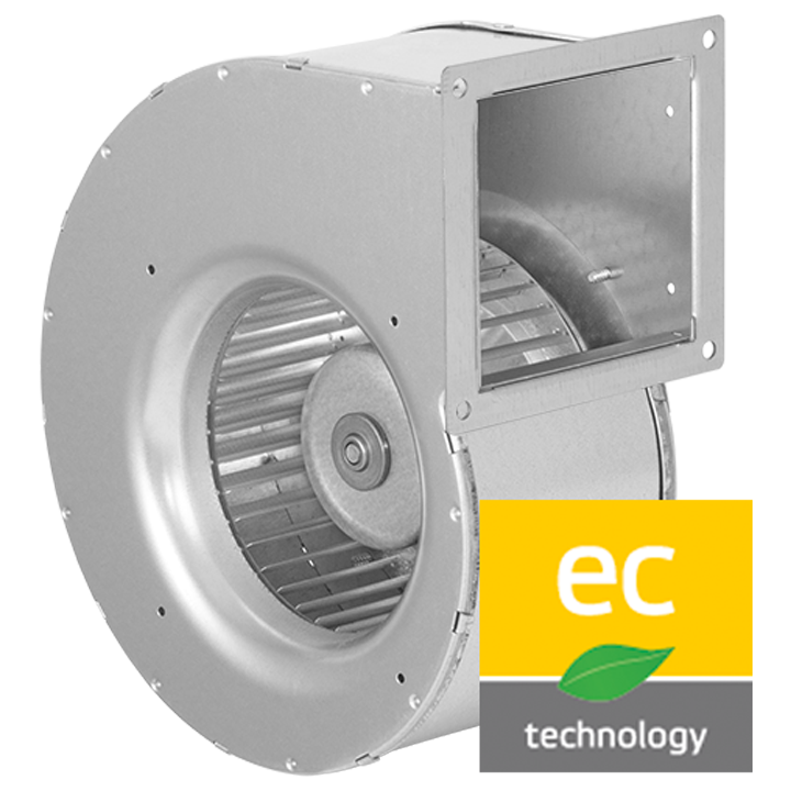 Serie GE EC - Enkeltsugende centrifugalventilator med hus af galvaniseret stål. Forudkrummet ventilatorhjul af galvaniseret stål