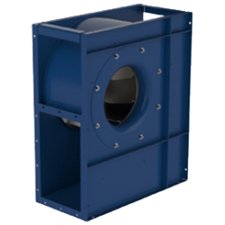 Serie KASTORM - Kubisk enkeltsugede centrifugalventilator med forstærket ventilatorhus af pulverlakeret (RAL 5010, C3) kulstofstål og bagudkrummet ventilatorhjul af malet (sort, RAL 9005) kulstofstål. 

