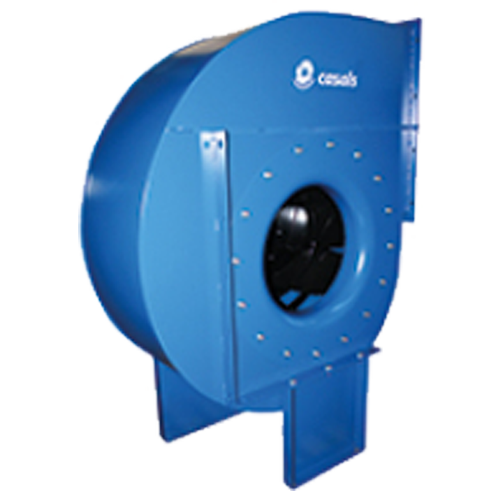 Serie NIMAX - Enkeltsugende centrifugalventilator med forstærket ventilatorhus af pulverlakeret (RAL 5010, C3) kulstofstål og bagudkrummet ventilatorhjul af malet (sort, RAL 9005) kulstofstål. 
