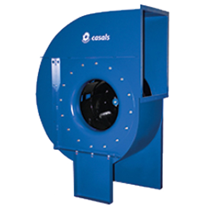Serie NIMUS - Enkeltsugende centrifugalventilator med forstærket ventilatorhus af pulverlakeret (RAL 5010, C3) kulstofstål og bagudkrummet ventilatorhjul af malet (sort, RAL 9005)  kulstofstål. 