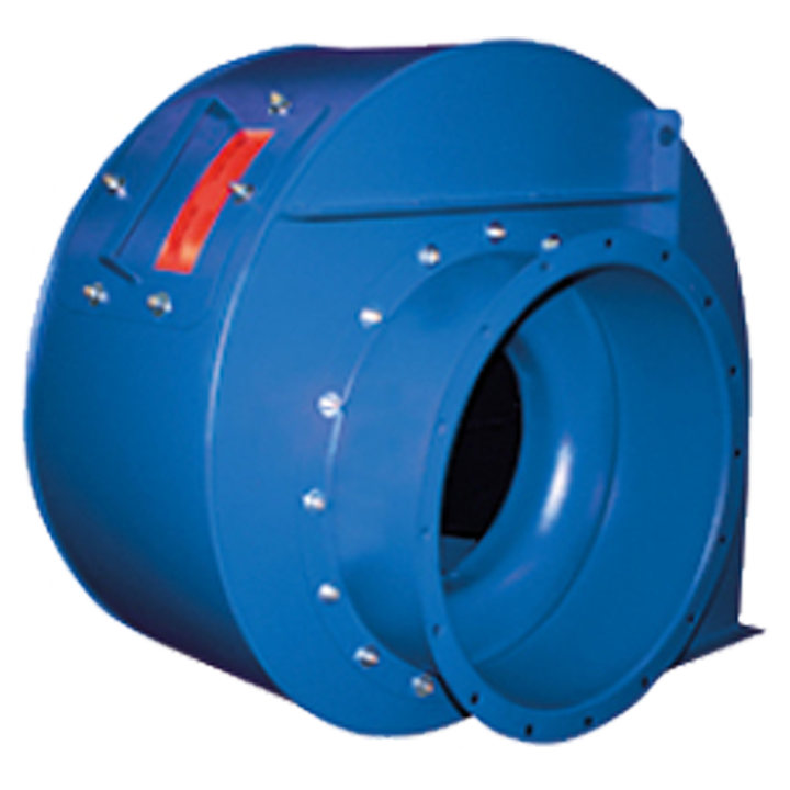 Serie PREXTUR - Enkeltsugende centrifugalventilator med forstærket ventilatorhus af pulverlakeret (RAL 5010, C3) kulstofstål og bagudkrummet ventilatorhjul af malet (sort, RAL 9005) kulstofstål. Dobbelt indsugningsflange. Anvendes bl.a. til malerkabiner