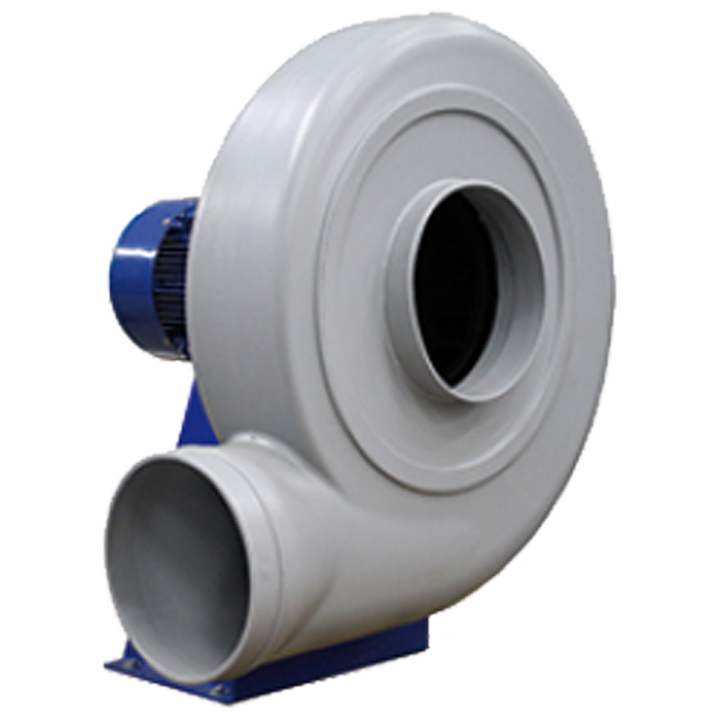 Serie MBPC - Plastventilator med ventilatorhus udført i polyethylen (PE) og forudkrummet ventilatorhjul udført i polypropylene (PP).  Alle bolte og skruer er udført i rustfrit stål. 
