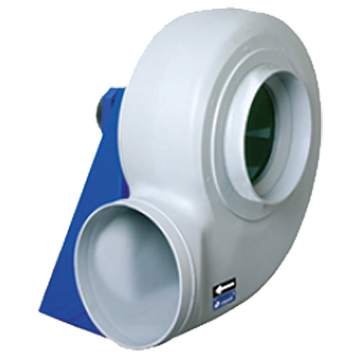 Serie MBP - Plastventilator med ventilatorhus udført i polyethylen (PE) og bagudkrumet ventilatorhjul udført i polypropylene (PP).  Alle bolte og skruer er udført i rustfrit stål. 
