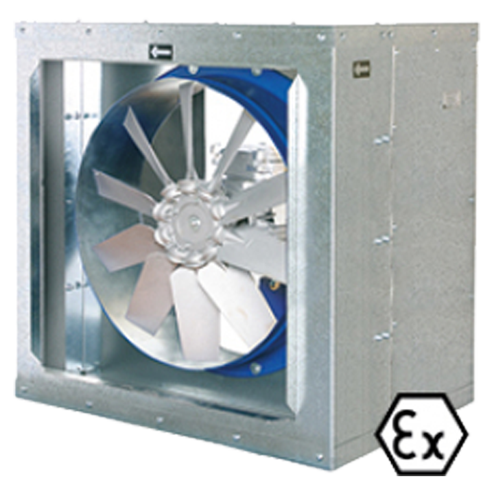 Serie BOX HBX (ATEX) - ATEX boksventilator med intern HBX aksialventilator. Boksen er udført i galvaniseret stål med termo-akustisk isolering, brandklasse B-s1,d0. Ventilatorvinge af aluminium . 
