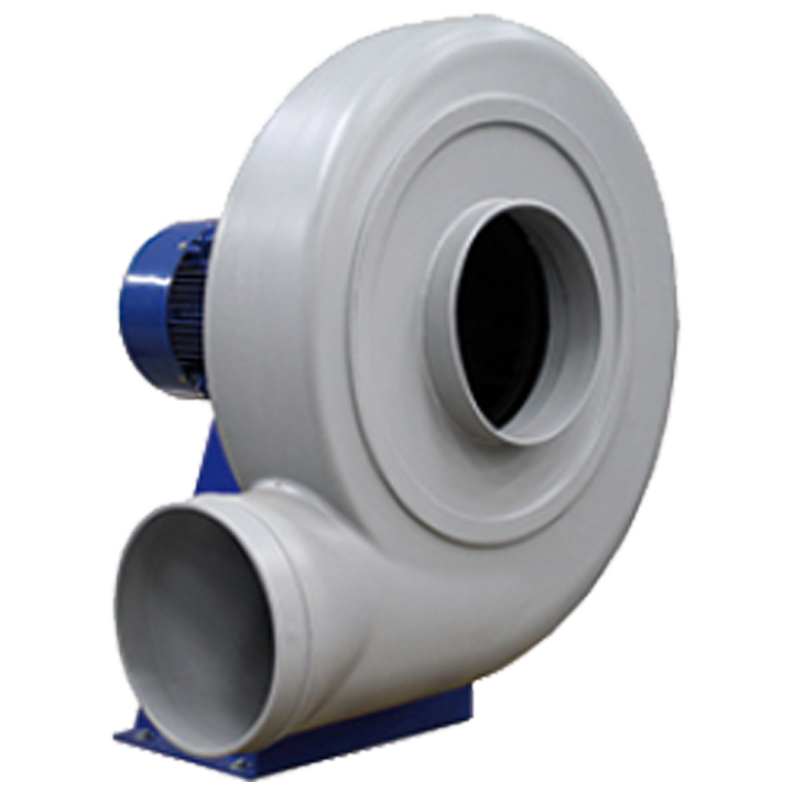 Serie MBPCX (ATEX) - Plastventilator med forudkrummet ventilatorhjul. Ventilatorhuset er udført i antistatisk polyethylen (PE) og hjulet er udført i polypropylen (PP). Alle bolte og skruer er udført i rustfrit stål. 