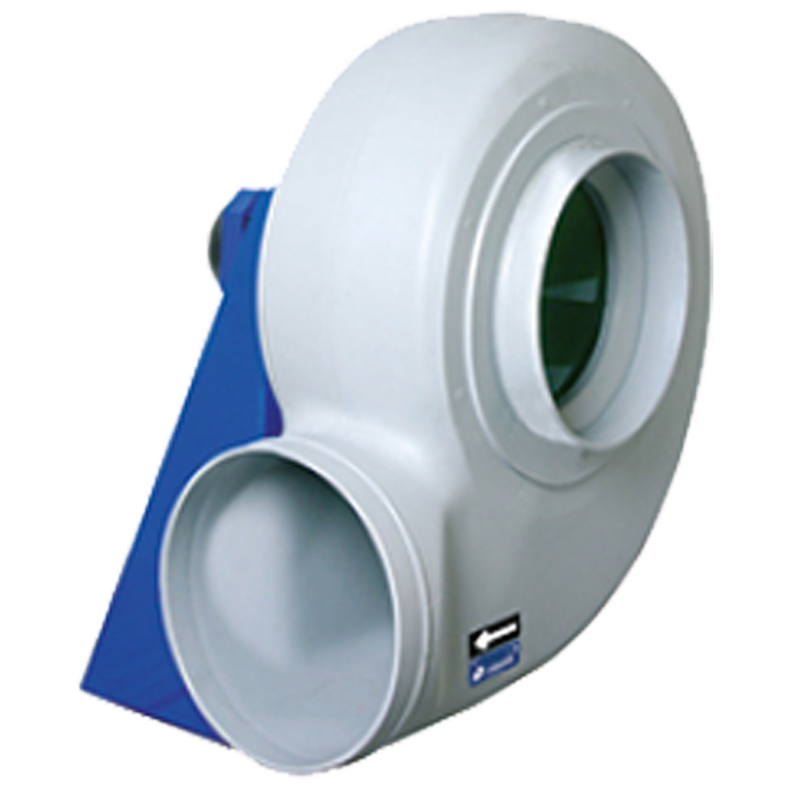 Serie MBPX (ATEX) - Plastventilator med bagudkrummet ventilatorhjul. Ventilatorhuset er udført i antistatisk polyethylen (PE) og hjulet er udført i polypropylen (PP). Alle bolte og skruer er udført i rustfrit stål. 