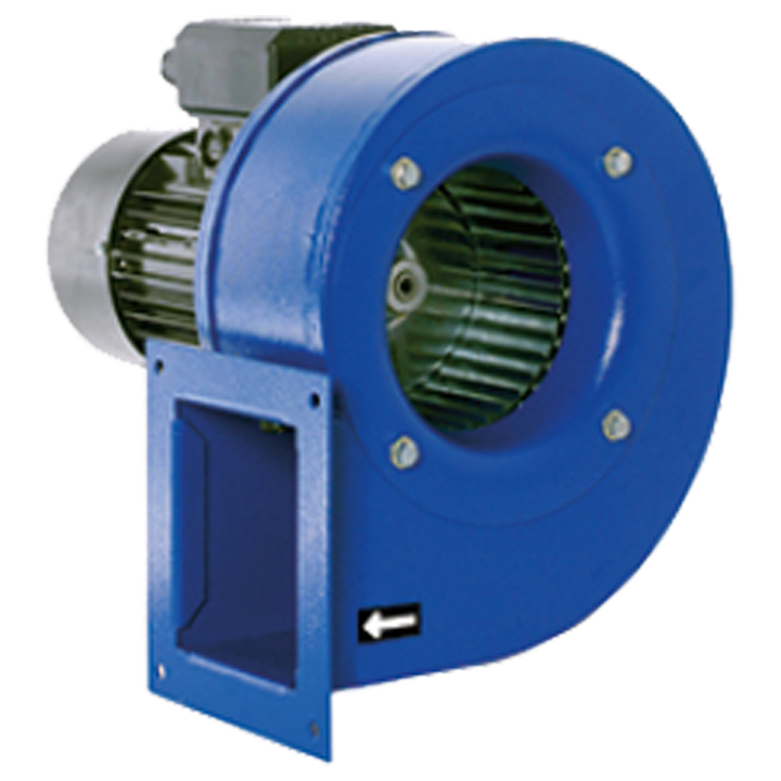 Serie MBX (ATEX) - Mellemtryksventilator med ventilatorhus af pulverlakeret pladestål og ventilatorhjul af aluminium. Gnistfri indløbsring af kobber eller aluminium. 