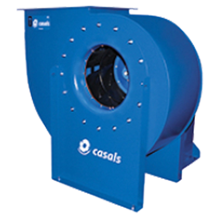 Serie NIMAX (ATEX) - Mellemtryksventilator med forstærket ventilatorhus af pulverlakeret (RAL 5010, C3) kulstofstål og bagudkrummet ventilatorhjul af malet (sort, RAL 9005) kulstofstål. 

