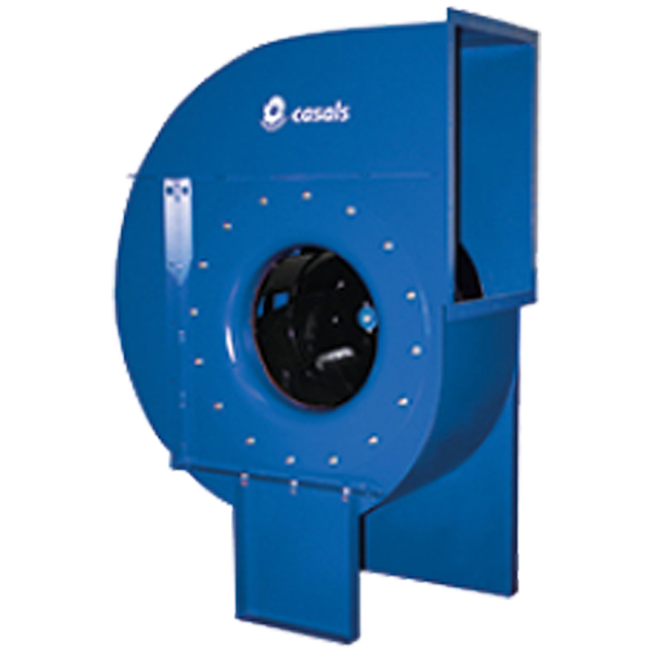 Serie NIMUS (ATEX) - Mellemtryksventilator med forstærket ventilatorhus af pulverlakeret (RAL 5010, C3) kulstofstål og bagudkrummet ventilatorhjul af malet (sort, RAL 9005) kulstofstål. 