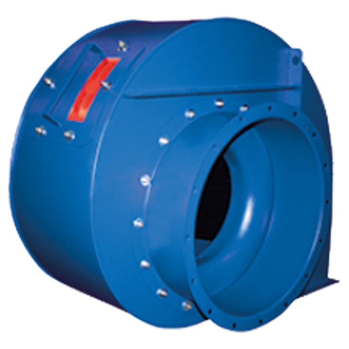 Serie PREXTUR (ATEX) - Mellemtryksventilator med forstærket ventilatorhus af pulverlakeret (RAL 5010, C3) kulstofstål og bagudkrummet ventilatorhjul af malet (sort, RAL 9005) kulstofstål. Dobbelt indsugningsflange. 