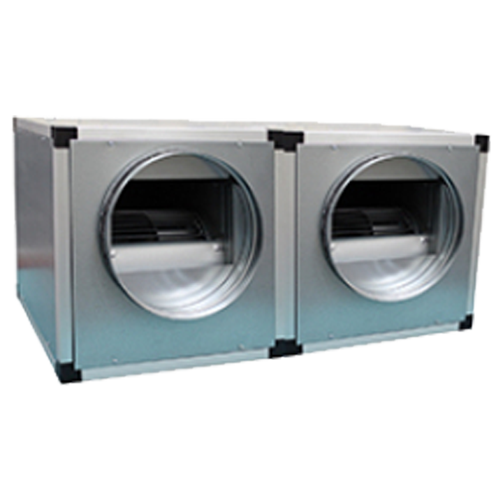 Serie TWIN BOX BD PLUS - Lydisoleret boksventilator med 2 stk. interne BD dobbeltsugende centrifugalventilatorer. Sandwich paneler med 25 mm stenuld isolering