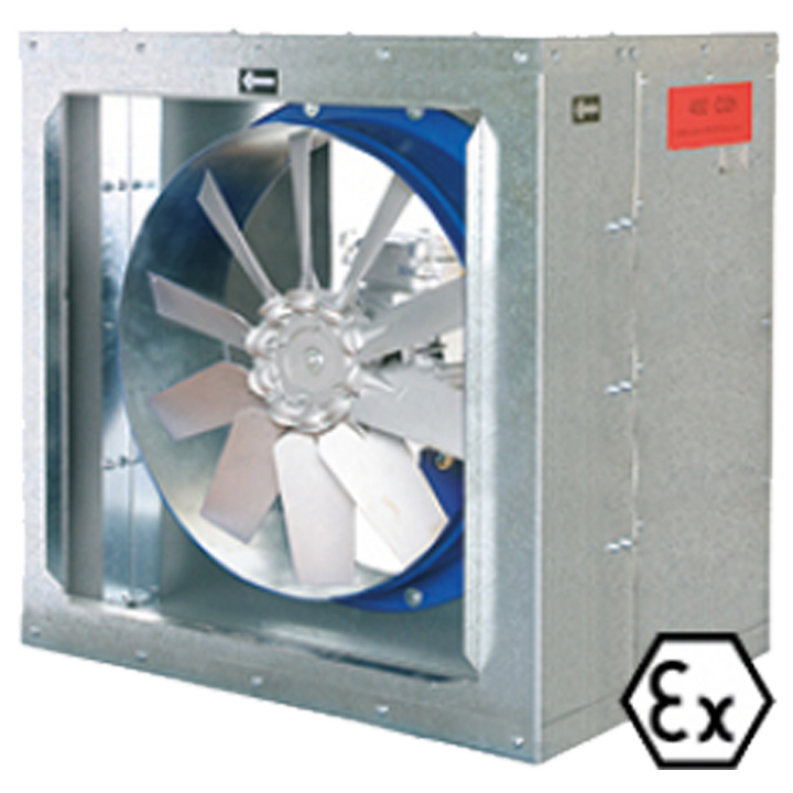 Serie BOX HBFX F400 (BRAND + ATEX) - Boksventilator med intern HBFX eller HCFX aksialventilator certificeret iht. DS/EN 12101-3 (400 °C / 2 timer) for anvendelse til brandventilation og røgudluftning. Boksventilatoren er tillige ATEX certificeret. Boksen er udført i galvaniseret stål med termo-akustisk isolering, brandklasse B-s1,d0. Ventilatorvinge af aluminium.