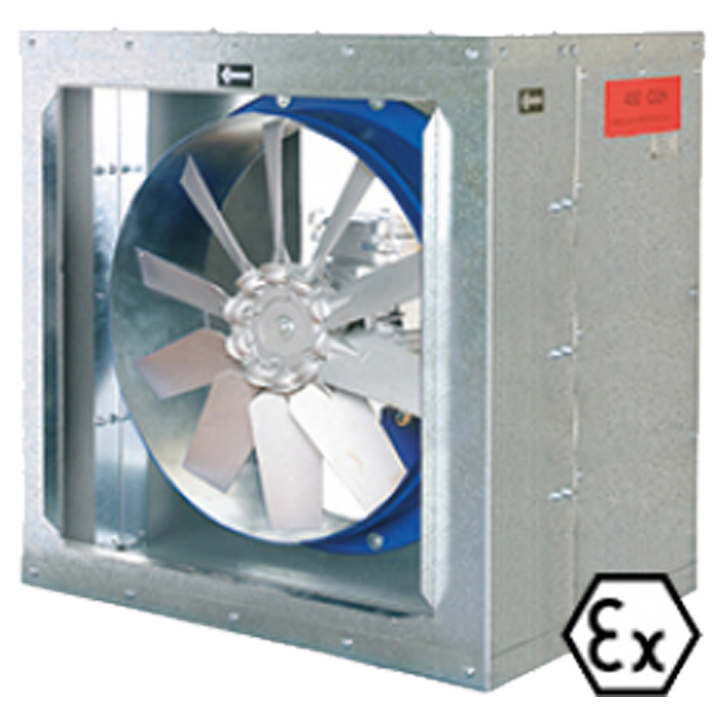 Serie BOX HBFX F300 (BRAND + ATEX) - Boksventilator med intern HBFX eller HCFX aksialventilator certificeret iht. DS/EN 12101-3 (300 °C / 2 timer) for anvendelse til brandventilation og røgudluftning. Boksventilatoren er tillige ATEX certificeret. Boksen er udført i galvaniseret stål med termo-akustisk isolering, brandklasse B-s1,d0. Ventilatorvinge af aluminium.