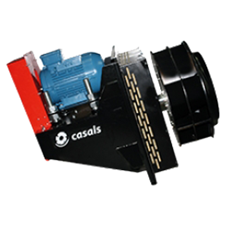 Serie CLIBOS TR - Remtrukken Plug-Fan for recirkulation af varm luft op til 350 °C. Kvadratisk ramme af kulstofstål, beskyttet mod korrosion med C3 overflade. Bagudkrummet ventilatorhjul udført i kulstofstål, sort malet. 150 mm termisk isolering.