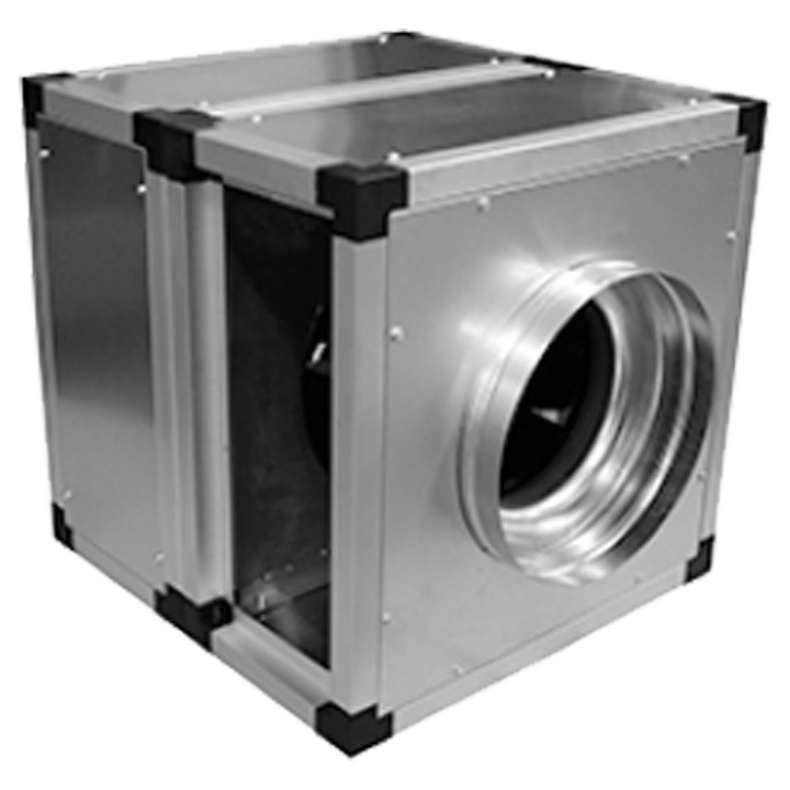 Serie BOX RLQ PLUS - Kubisk lydisoleret boksventilator med 25 mm stenuld isolering. Bagudkrummet ventilatorhjul.   
