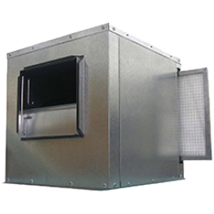 BOX BD FILTER - Lydisoleret boksventilator med intern BD dobbeltsugende centrifugalventilator. Boksen er udført i galvaniseret stålmed termo-akustisk isolering, brandklasse B-s1,d0.

