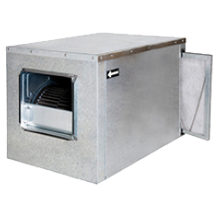 Serie BOX BV FILTER - Remtrukken lydisoleret boksventilator med intern BV dobbeltsugende centrifugalventilator. Boksen er udført i galvaniseret stål med termo-akustisk isolering, brandklasse B-s1,d0. Leveres komplet med motor, remskiver og rem