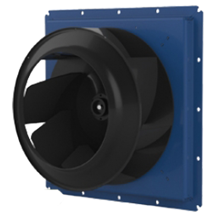 Serie CIKSTORM - Plug-Fan for recirkulation og transport af varm luft op til 120 °C i bygninger og industrielle applikationer. Kvadratisk ramme af kulstofstål, beskyttet mod korrosion med C3 overflade. Bagudkrummet ventilatorhjul udført i kulstofstål, sort malet og C3 overflade.
