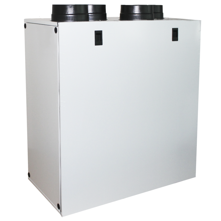 Serie QR280E (ENTALPI) - Meget kompakt varmegenvindingsaggregat med entalpiveksler for ventilation af hele boligen. Vertikalt flow. Entalpi varmeveksleren er med høj varmevirkningsgrad og latent (fugt) virkningsgrad. Med antimikrobiel teknologi, hvor den indbyggede polymer membran er modstandsdygtig over for skimmel og bakterier og sikrer at tilluft og fraluften forbliver fuldstændig adskilt og hermed blokeres også for overførsel af lugt. Aggregatets kabinet er af eoxy malet (RAL 9010) galvaniseret stål, som sikrer en holdbar og robust konstruktion. Den interne struktur er af EPP (ekspanderet polypropylen), som reducerer lydudstrålingen og maksimerer lufttætheden og den termiske isolation. For boliger op til ca. 190 m2