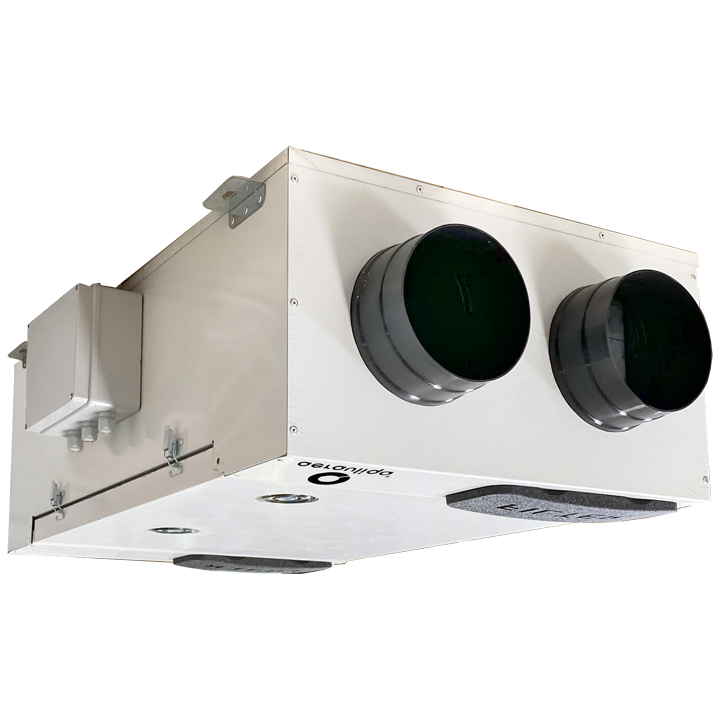 Serie QR340A - Meget trykstærkt kompakt varmegenvindingsaggregat med modstrømsveksler for ventilation af hele boligen. Horisontal installation på loft / under nedsænket loft. Aggregatets kabinet er af eoxy malet (RAL 9010) galvaniseret stål, som sikrer en holdbar og robust konstruktion. Den interne struktur er af EPP (ekspanderet polypropylen), som reducerer lydudstrålingen og maksimerer lufttætheden og den termiske isolation. For boliger op til ca. 220 m3/h

