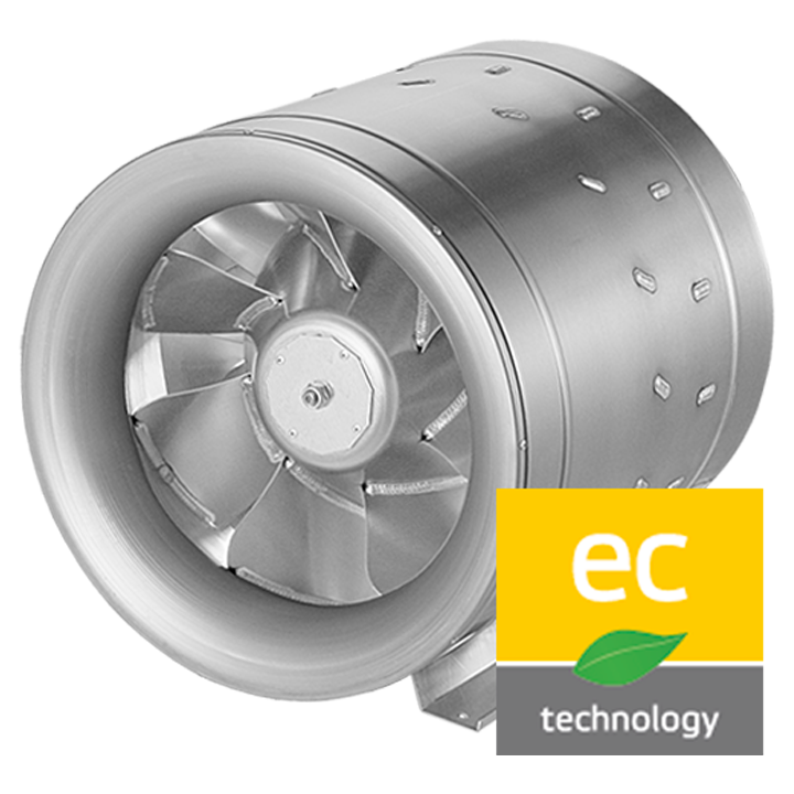 Serie EL EC - Rørventilatorer med ventilatorhus udført i aluminium. Diagonalhjul med tredimensionelle ledeskovle. Inklusive monteringsbeslag. 