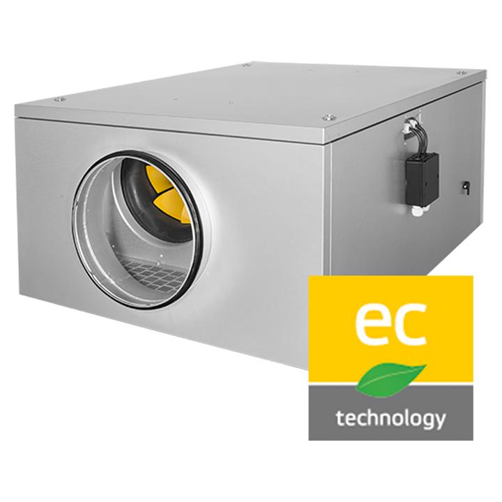 Serie EM DUO EC - Lydisoleret rørventilator med 2 stk. integrerede EM EC ventilatorer, således at der er én ventilator i reserve, der kan tage over i tilfælde af nedbrud. Ventilatorhus af galvaniseret stål
