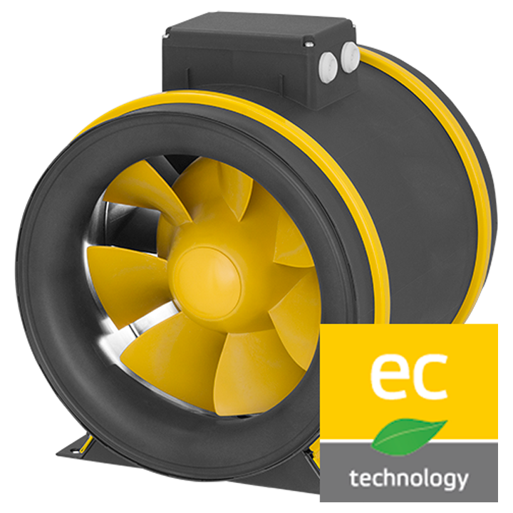 Serie EM EC - Rørventilatorer med hus udført i plast. Diagonalhjul med tredimensionelle ledeskovle. Større modeller inklusive monteringsbeslag