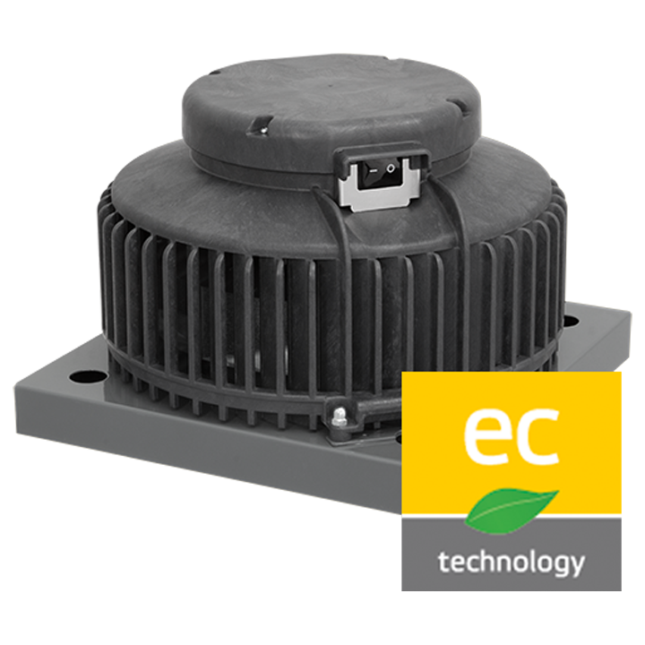 Serie DHA ECP (PLAST) - Tagventilator med ventilatorhus af vejrbestandigt plast ASA, RAL 7012 plast og bagudkrummet ventilatorhjul. Horisontalt afkast