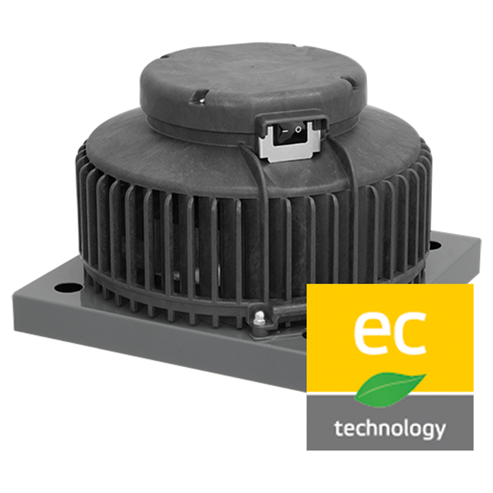 Serie DHA EC CP (PLAST) - Tagventilator med ventilatorhus af vejrbestandigt plast ASA, RAL 7012 plast og bagudkrummet ventilatorhjul. Horisontalt afkast. 