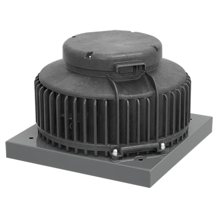 Serie DHA (PLAST) - Tagventilator med ventilatorhus af vejrbestandigt plast ASA, RAL 7012 og bagudkrummet ventilatorhjul. Horisontalt afkast