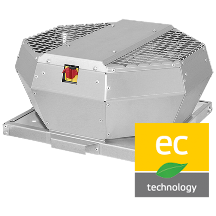 Serie DVA ECP - Tagventilator med ventilatorhus af aluminium (AlMg3) og bagudkrummet ventilatorhjul. Vertikalt afkast. 