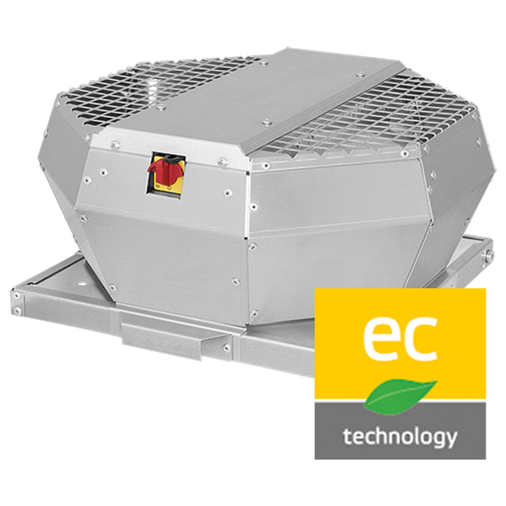 Serie DVA EC CP - Tagventilator med ventilatorhus af aluminium (AlMg3) og bagudkrummet ventilatorhjul. Vertikalt afkast